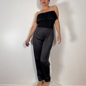 Vintage 80's Black Nylon Strapless Lingerie Jumpsuit - Size L